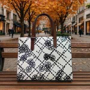 NEW Tory Burch T Monogram High Frequency Ivory Coated Leather Small Tote